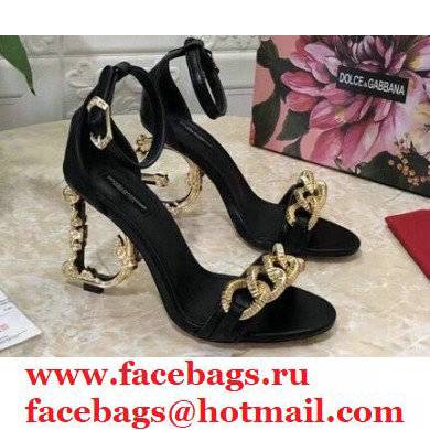 Dolce & Gabbana Heel 10.5cm Leather Chain Sandals Black with Baroque D & G Heel 2021 - Click Image to Close